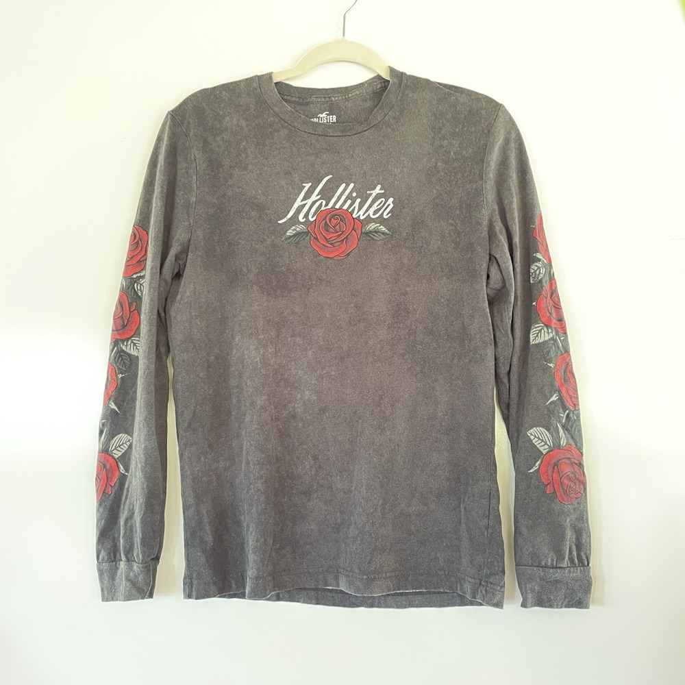 Hollister Long Sleeve Womens Black Crewneck Rose‎ Graphic Sz Small Cotton Top
